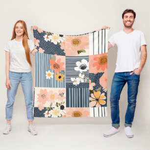 Retro Floral Patchwork in Pink and Blue Fleece Blanket
