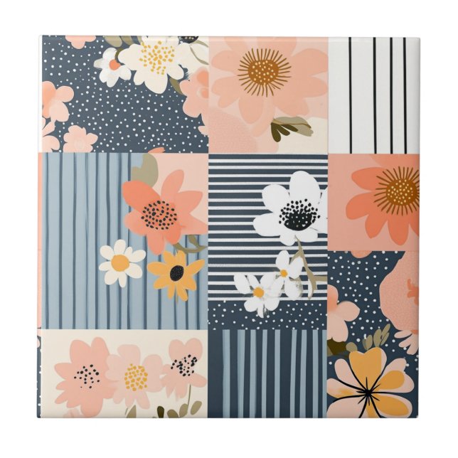 Retro Floral Patchwork in Pink and Blue Tile (Front)