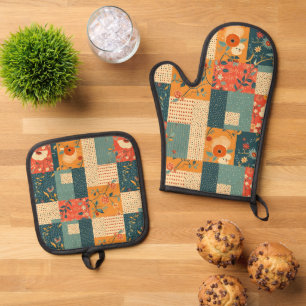 Retro-Floral-Patchwork-Quilt Oven Mitt & Pot Holder Set