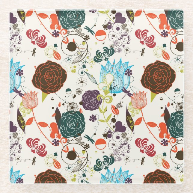 Retro Floral Pattern 2 2 Glass Coaster (Front)