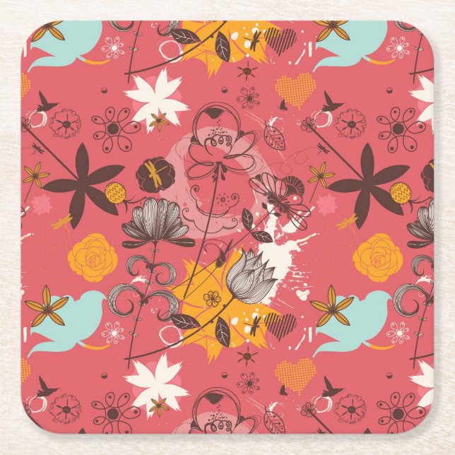 Retro floral pattern 7 square paper coaster (Front)