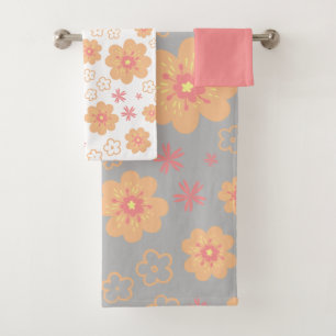 Retro Floral Pattern and Plain Pink Towel Sets