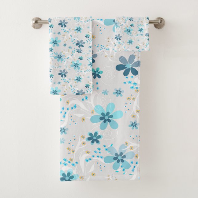 Retro , floral pattern , blue , grey , flowers bath towel set (Insitu)