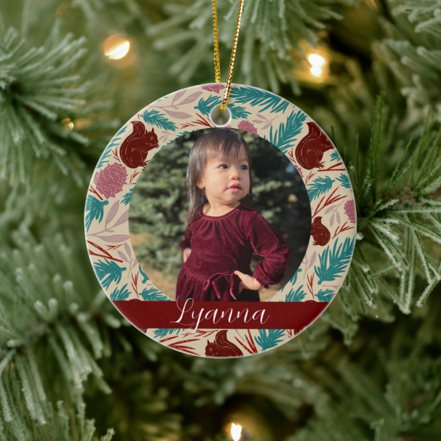 Retro Floral Pattern Frame Baby's First Christmas Ceramic Ornament (Tree)