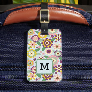 Retro Floral Pattern Monogram Initial Luggage Tag