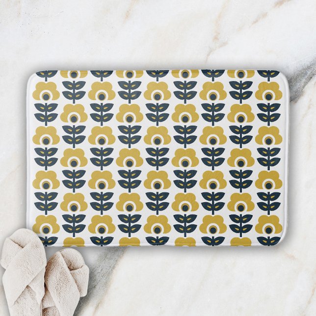 Retro Floral Pattern Navy and Mustard Yellow Bath Mat (Creator Uploaded)