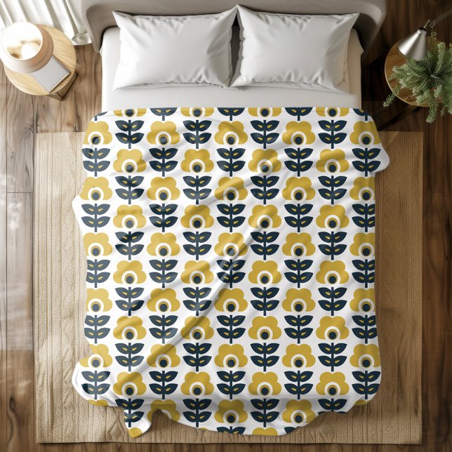 Retro Floral Pattern Navy and Mustard Yellow Fleece Blanket (Creator Uploaded)