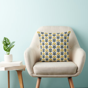 Retro Floral Pattern Navy and Mustard Yellow Throw Pillow