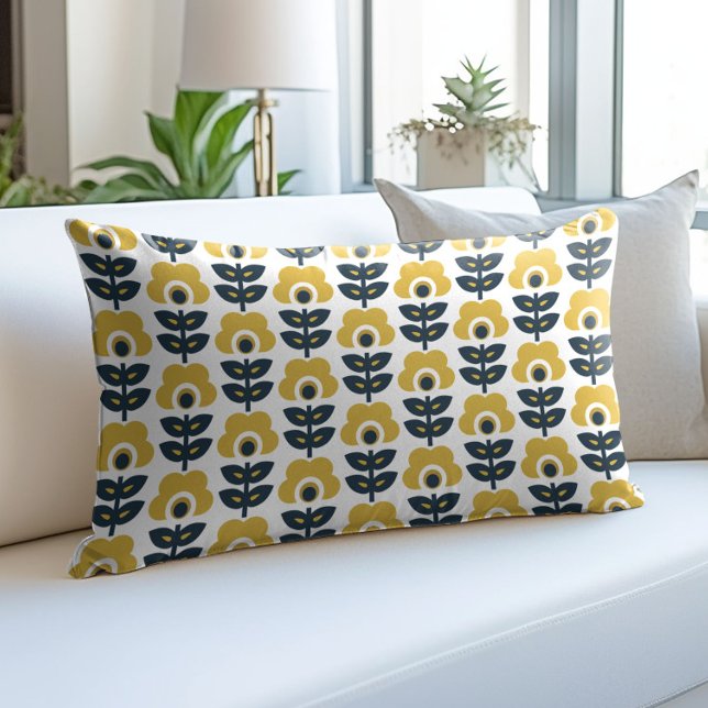 Retro Floral Pattern Navy Blue Mustard Yellow Accent Pillow (Creator Uploaded)