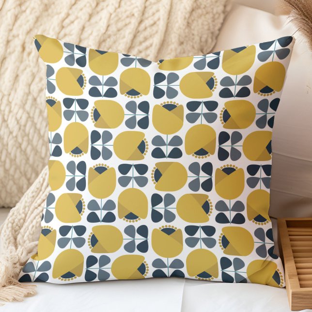 Retro Floral Pattern Navy, Grey, Mustard Yellow Throw Pillow (Creator Uploaded)