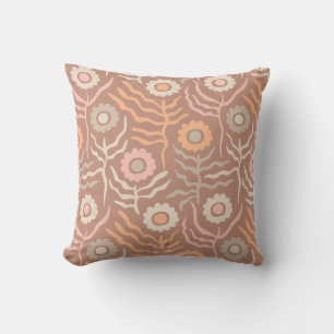Retro floral pattern on a brown background throw pillow