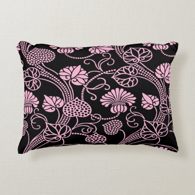 Retro Floral Pattern Pink on Black Accent Pillow (Front)