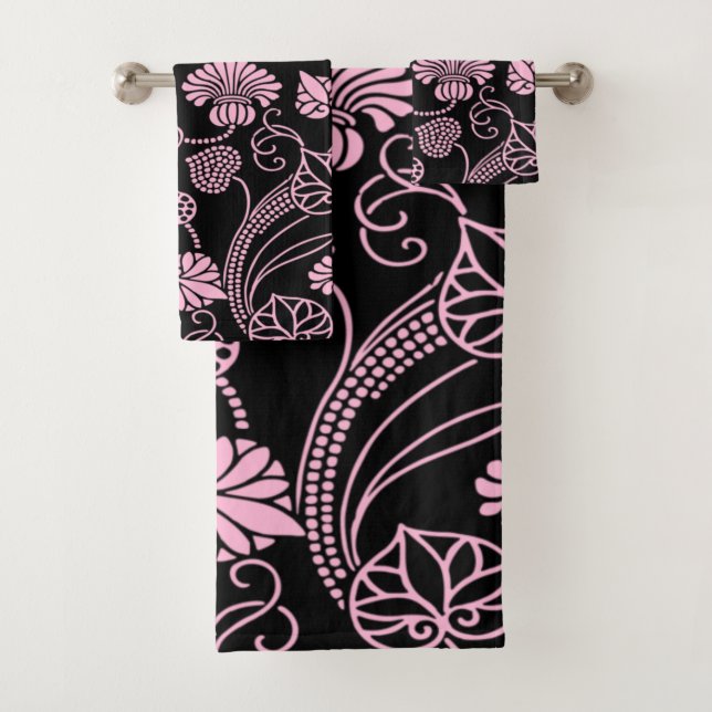 Retro Floral Pattern Pink on Black Bath Towel Set (Insitu)