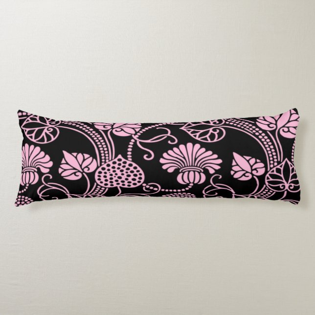 Retro Floral Pattern Pink on Black Body Pillow (Front)