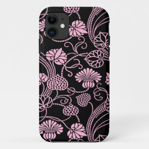 Retro Floral Pattern Pink on Black iPhone 11 Case
