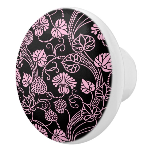 Retro Floral Pattern Pink on Black Ceramic Knob (Right)
