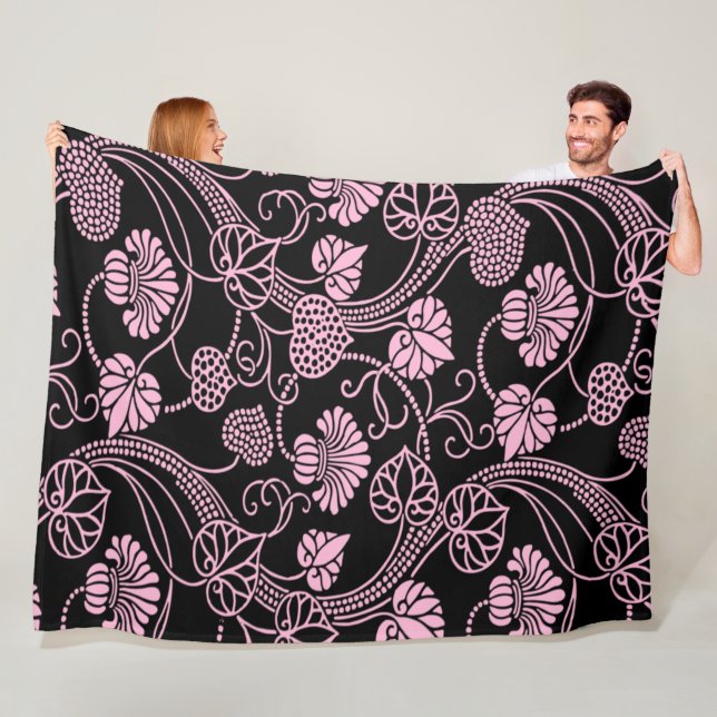 Retro Floral Pattern Pink on Black Fleece Blanket (In Situ)