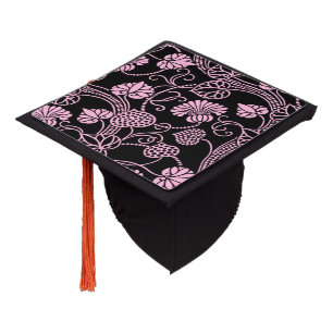 Retro Floral Pattern Pink on Black Graduation Cap Topper