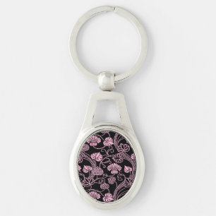 Retro Floral Pattern Pink on Black Keychain
