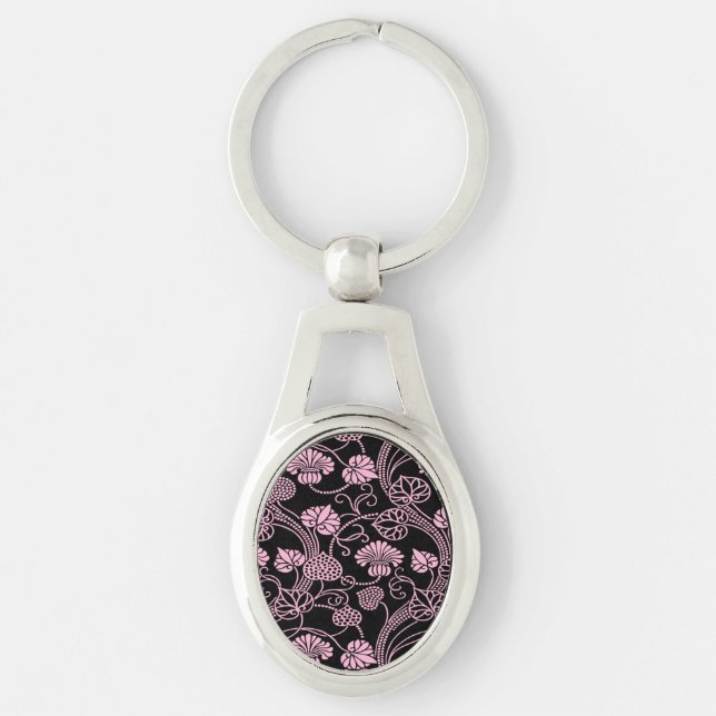 Retro Floral Pattern Pink on Black Keychain (Front)