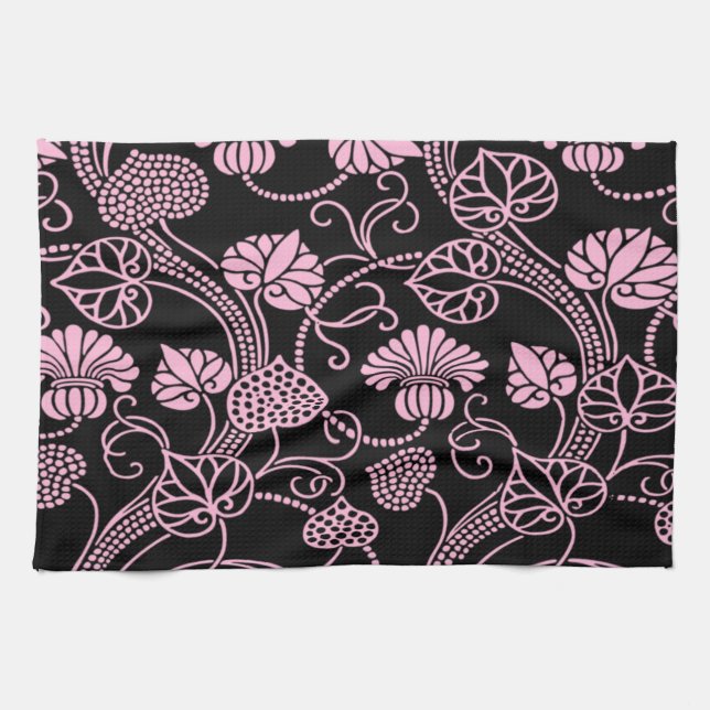Retro Floral Pattern Pink on Black Kitchen Towel (Horizontal)