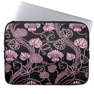 Retro Floral Pattern Pink on Black Laptop Sleeve
