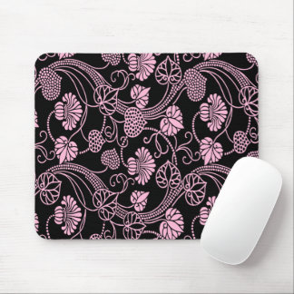 Retro Floral Pattern Pink on Black Mouse Pad