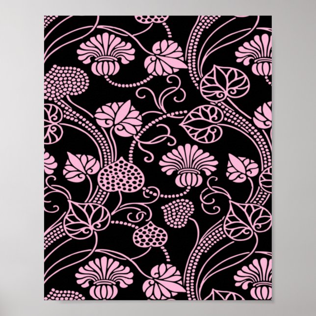 Retro Floral Pattern Pink on Black Poster (Front)