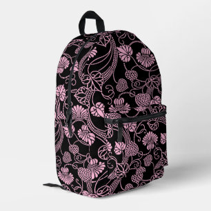 Retro Floral Pattern Pink on Black Printed Backpack