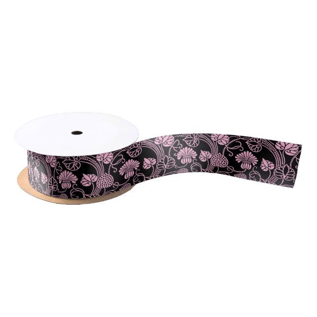 Retro Floral Pattern Pink on Black Satin Ribbon (Spool)