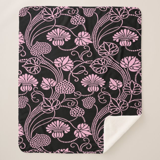 Retro Floral Pattern Pink on Black Sherpa Blanket (Front)