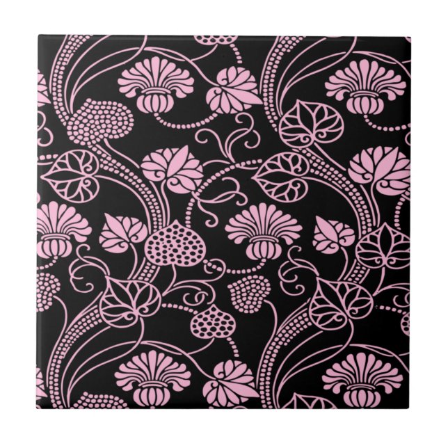 Retro Floral Pattern Pink on Black Tile (Front)