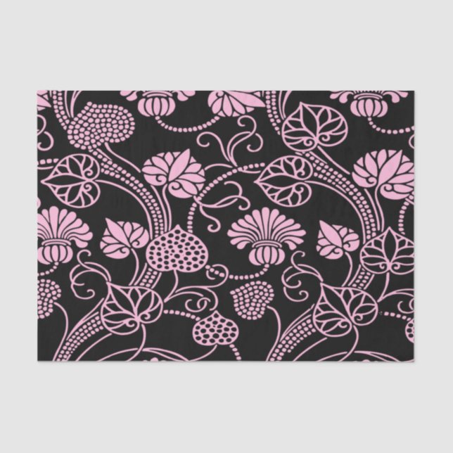 Retro Floral Pattern Pink on Black Tissue Paper (Front)