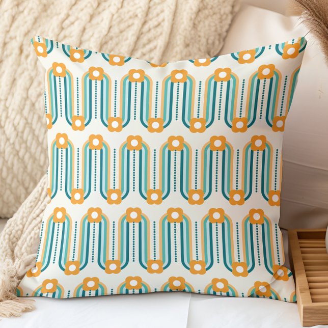 Retro Floral Pattern Teal Aqua Orange Throw Pillow (Creator Uploaded)