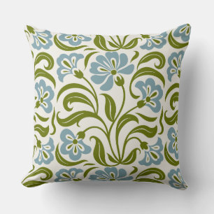 Retro Floral Pattern   Vintage Blue Green Botanica Throw Pillow