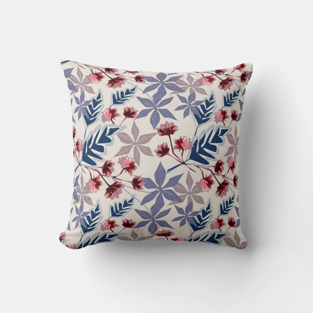Retro floral pattern with pink, burgundy flowers throw pillow (Front)