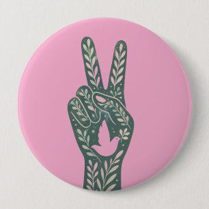 Retro Floral Peace Sign & Dove Art Botanical Sun 4 Inch Round Button