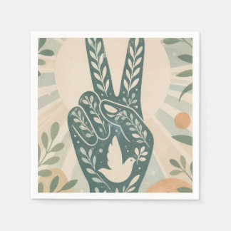 Retro Floral Peace Sign & Dove Art  Botanical Sun Napkin