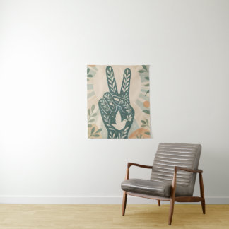 Retro Floral Peace Sign & Dove Art  Botanical Sun Tapestry