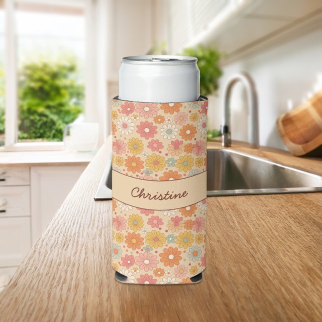 Retro Floral Personalized Monogram Seltzer Can Cooler (Creator Uploaded)