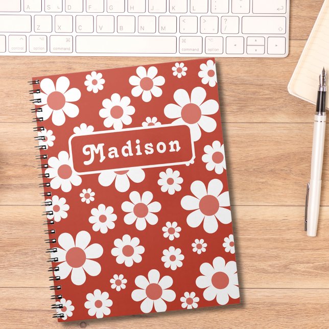Retro Floral Personalized Notebook (Retro 70s groovy daisy pattern custom name orange notebook)