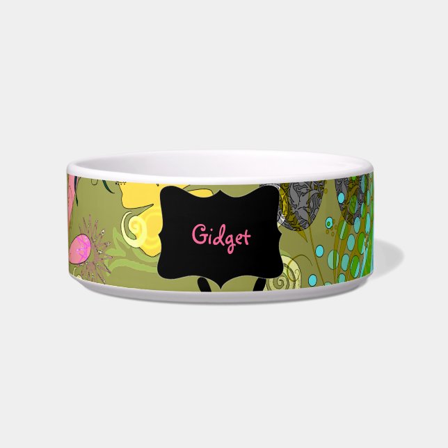 Retro Floral Personalized Pet Bowls (Front)
