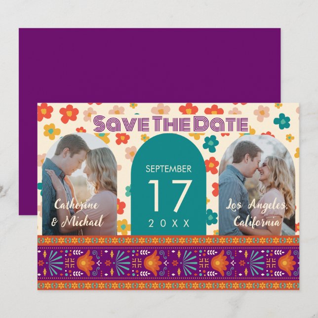 Retro Floral Personalized Two Photo Arch Magenta Save The Date (Front/Back)