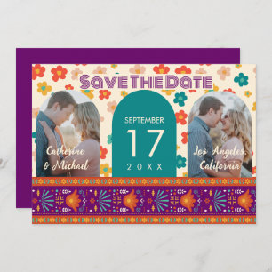 Retro Floral Personalized Two Photo Arch Magenta Save The Date