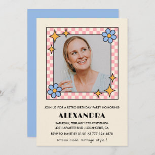 Retro Floral Photo 44e anniversaire invitation Ble