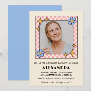 Retro  Floral Photo 49th birthday invitation Blue