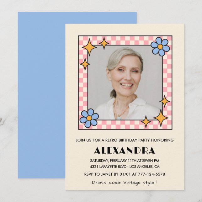 Retro Floral Photo 77e anniversaire invitation Ble (Devant / Derrière)