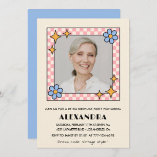 Retro  Floral Photo 79th birthday invitation Blue
