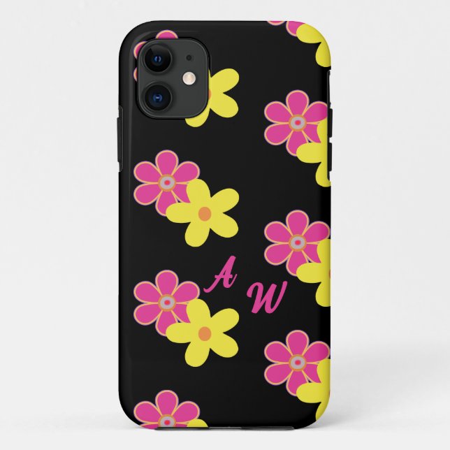 Retro Floral Pink Yellow & Black Personalized  Case-Mate iPhone Case (Back)