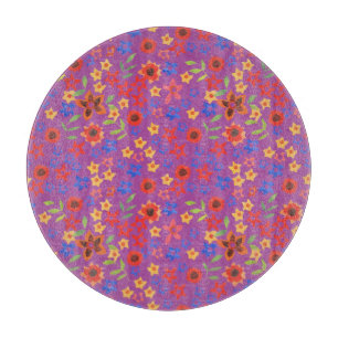 Retro Floral Print on Magenta Glass Cutting Board